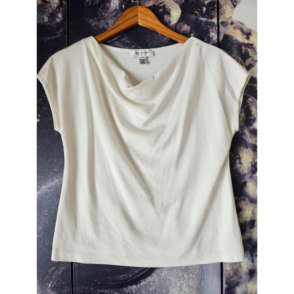 St John Collection Womens Cream Cowl Neck Cap Sleeve Knit Top Size M YJ01